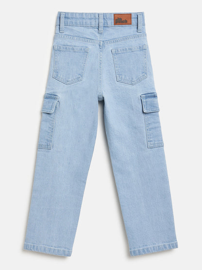 Light Blue 100% Cotton Functional and Stylish Relaxed Fit Cargo Jeans for Boys