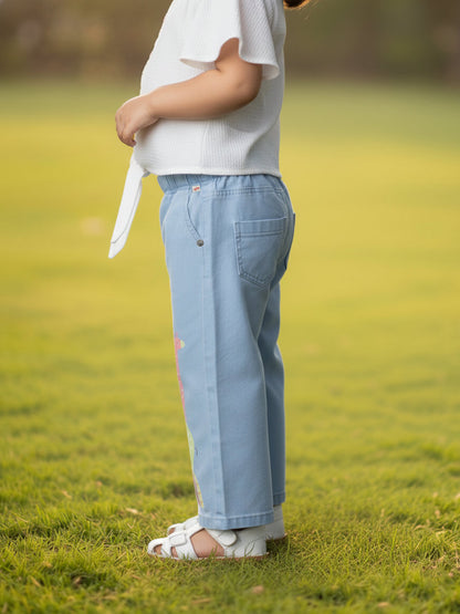 Sky Blue 100% Cotton Comfortable and Stylish Wide Leg Jeans for Girls