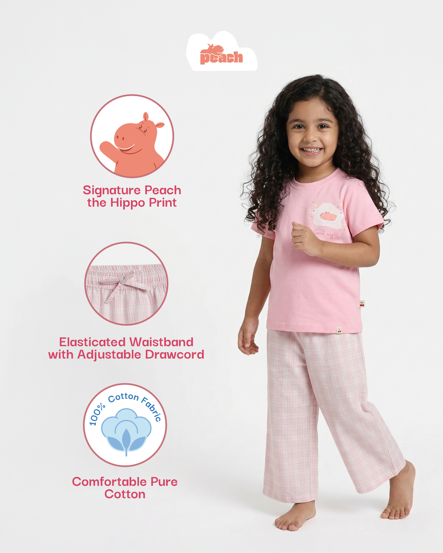 Good Night Peach Nightsuit for Girls (Pink)