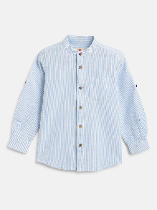 Blue Striped 100% Cotton Mandarin Collar Roll-up Sleeves Shirt