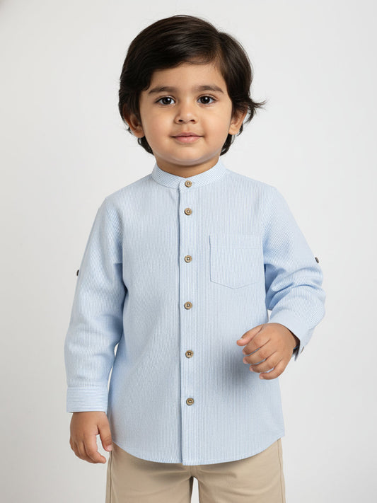 Blue Striped 100% Cotton Mandarin Collar Roll-up Sleeves Shirt