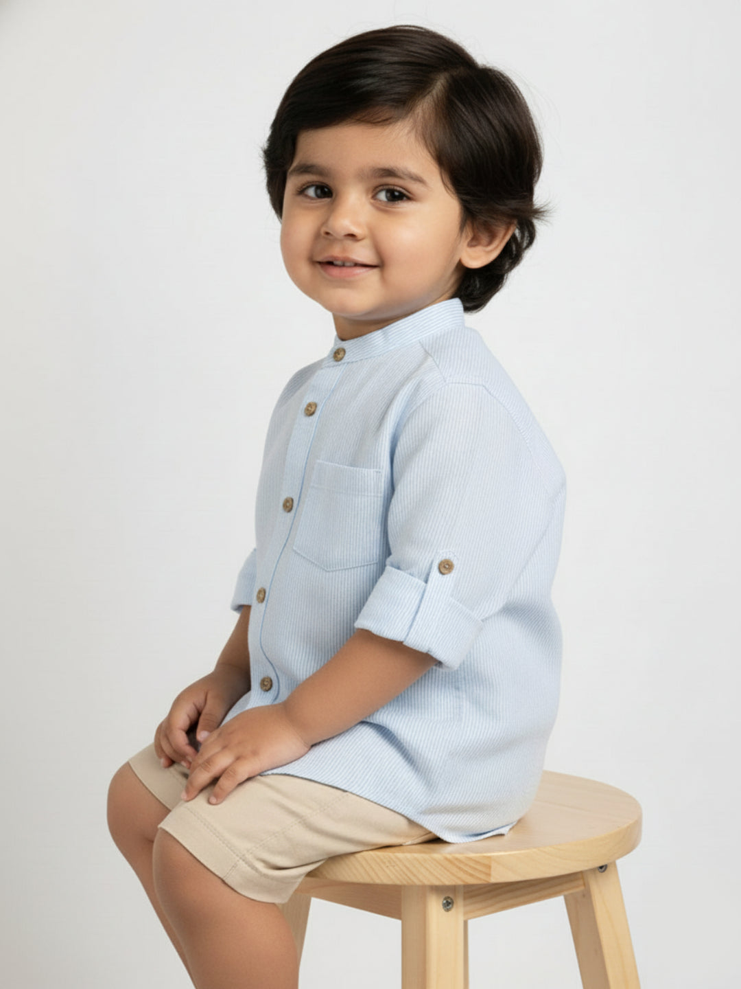 Blue Striped 100% Cotton Mandarin Collar Roll-up Sleeves Shirt