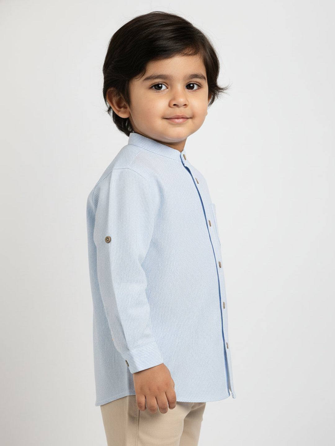 Blue Striped 100% Cotton Mandarin Collar Roll-up Sleeves Shirt