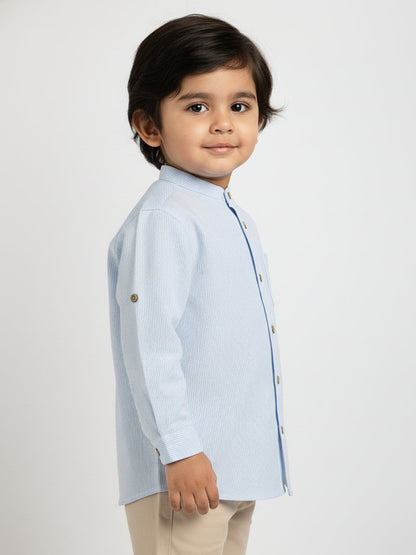 Blue Striped 100% Cotton Mandarin Collar Roll-up Sleeves Shirt