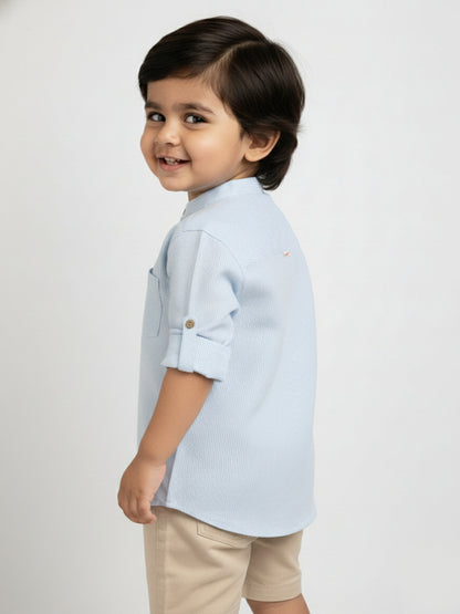 Blue Striped 100% Cotton Mandarin Collar Roll-up Sleeves Shirt