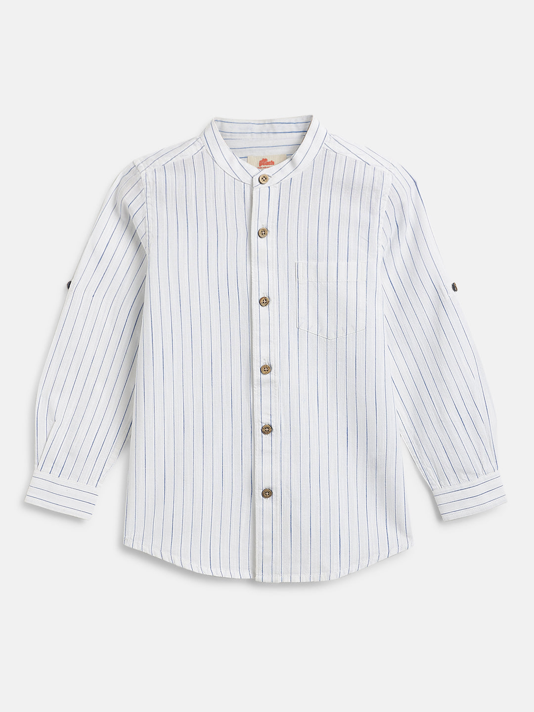White with Blue Stripes 100% Cotton Mandarin Collar Roll-up Sleeves Shirt