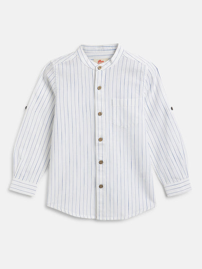 White with Blue Stripes 100% Cotton Mandarin Collar Roll-up Sleeves Shirt