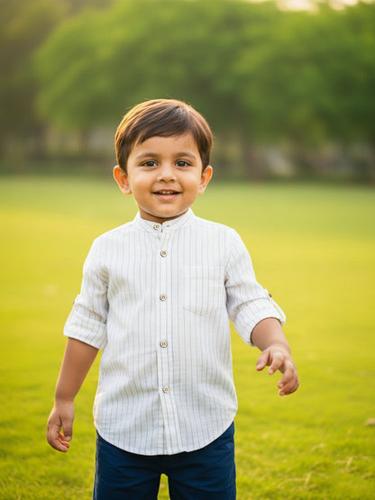White with Blue Stripes 100% Cotton Mandarin Collar Roll-up Sleeves Shirt