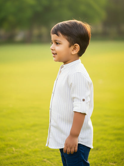 White with Blue Stripes 100% Cotton Mandarin Collar Roll-up Sleeves Shirt