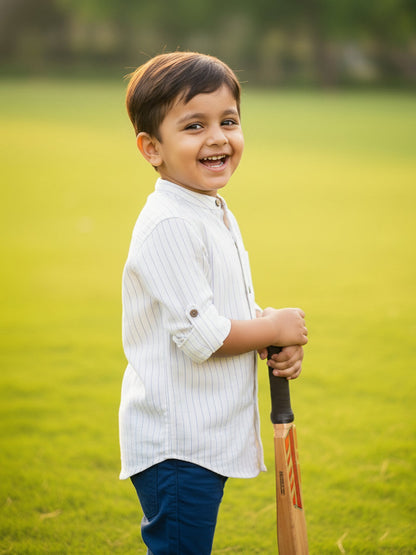 White with Blue Stripes 100% Cotton Mandarin Collar Roll-up Sleeves Shirt