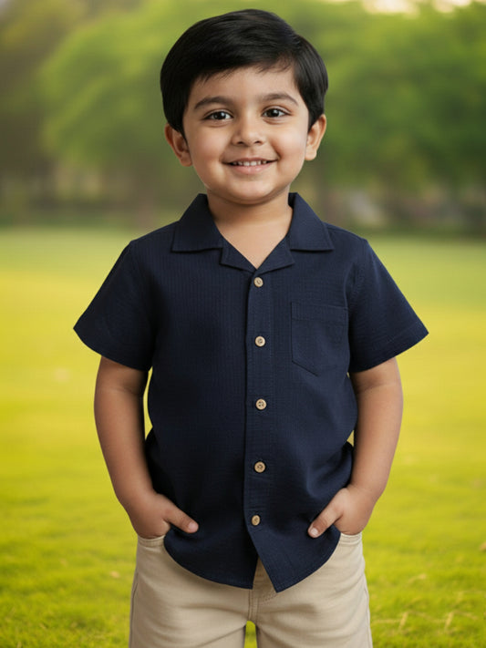 Navy Blue 100% Cotton Waffle Textured Half Sleeve Casual Shirt
