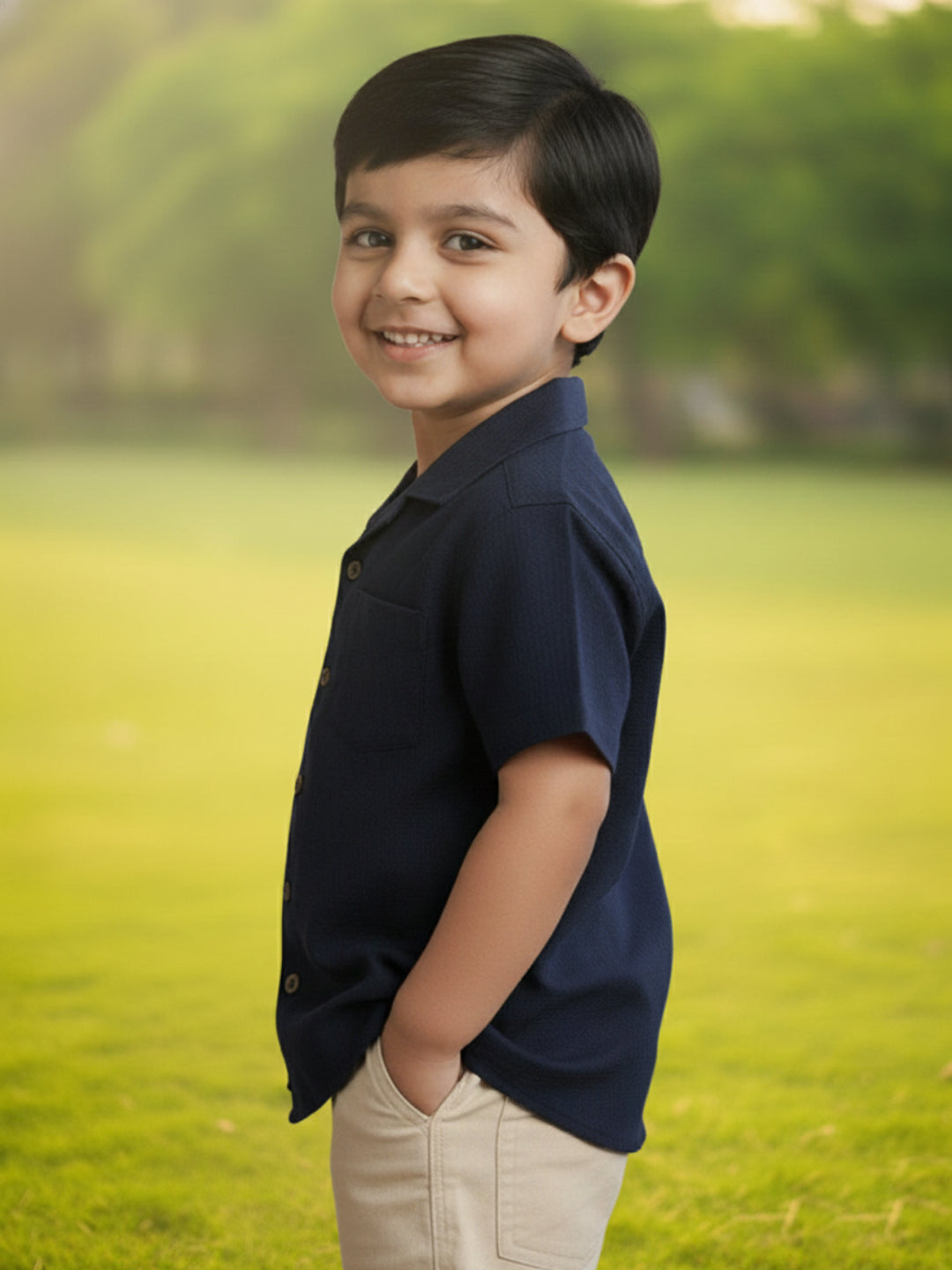 Navy Blue 100% Cotton Waffle Textured Half Sleeve Casual Shirt