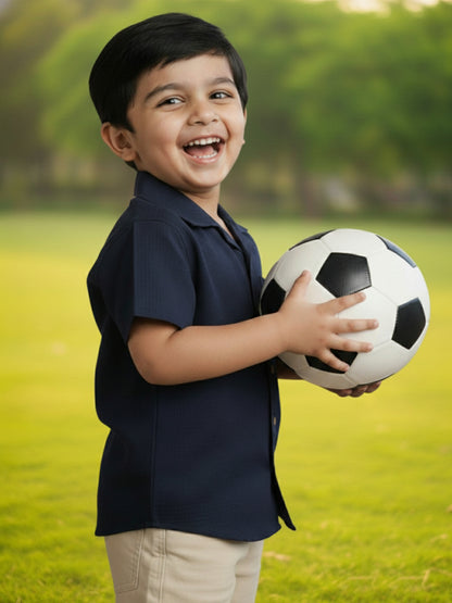 Navy Blue 100% Cotton Waffle Textured Half Sleeve Casual Shirt