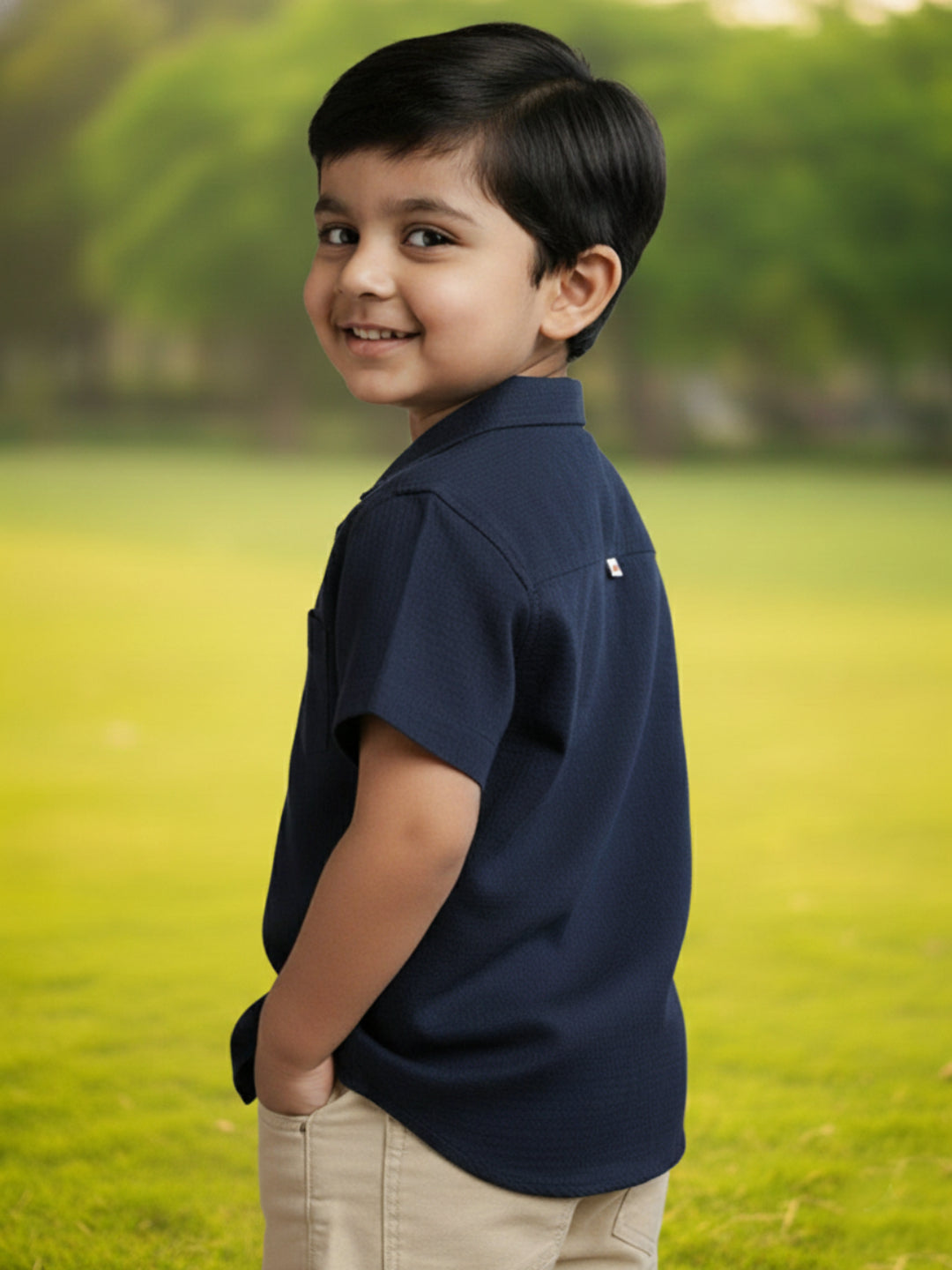 Navy Blue 100% Cotton Waffle Textured Half Sleeve Casual Shirt