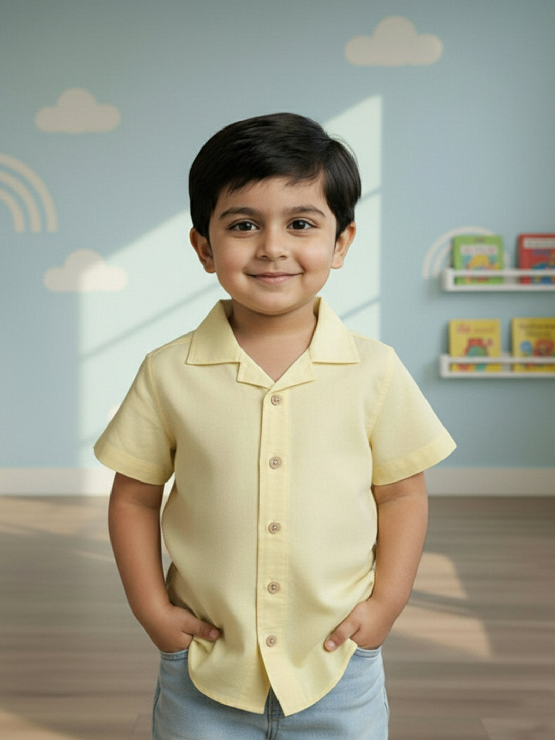 Yellow 100% Cotton Resort Collar Half Sleeve Casual Shirt