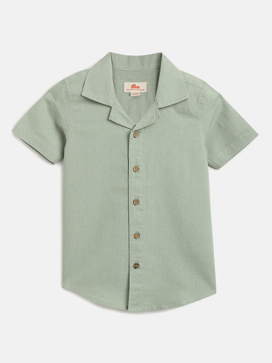 Olive Linen Cotton Blend Resort Collar Half Sleeve Shirt