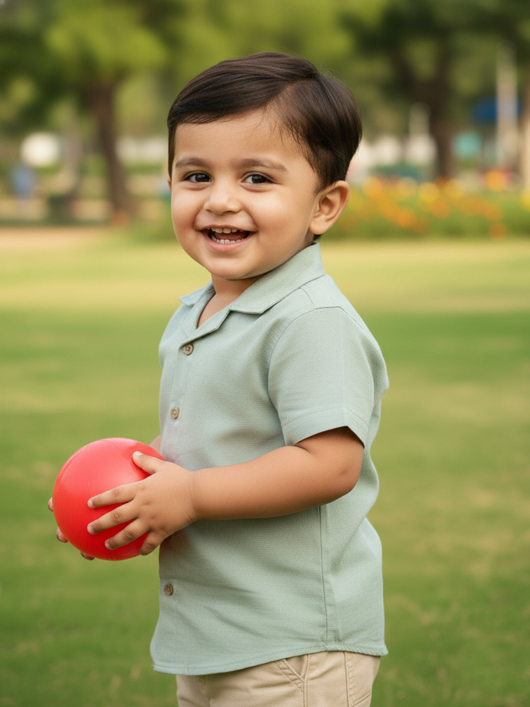 Olive Linen Cotton Blend Resort Collar Half Sleeve Shirt