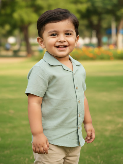 Olive Linen Cotton Blend Resort Collar Half Sleeve Shirt