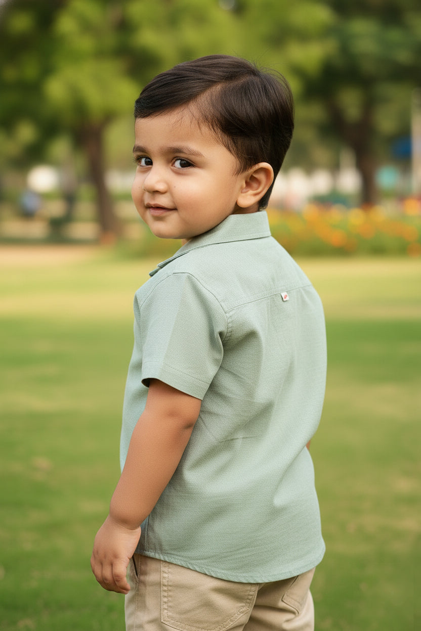 Olive Linen Cotton Blend Resort Collar Half Sleeve Shirt