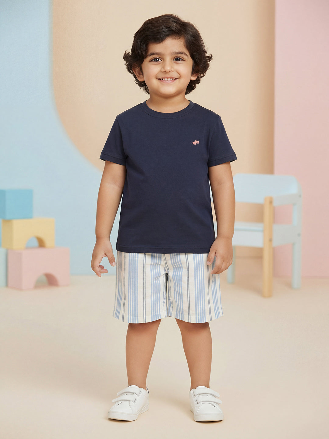 Off White and Blue Striped 100% Cotton Shorts