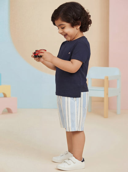 Off White and Blue Striped 100% Cotton Shorts