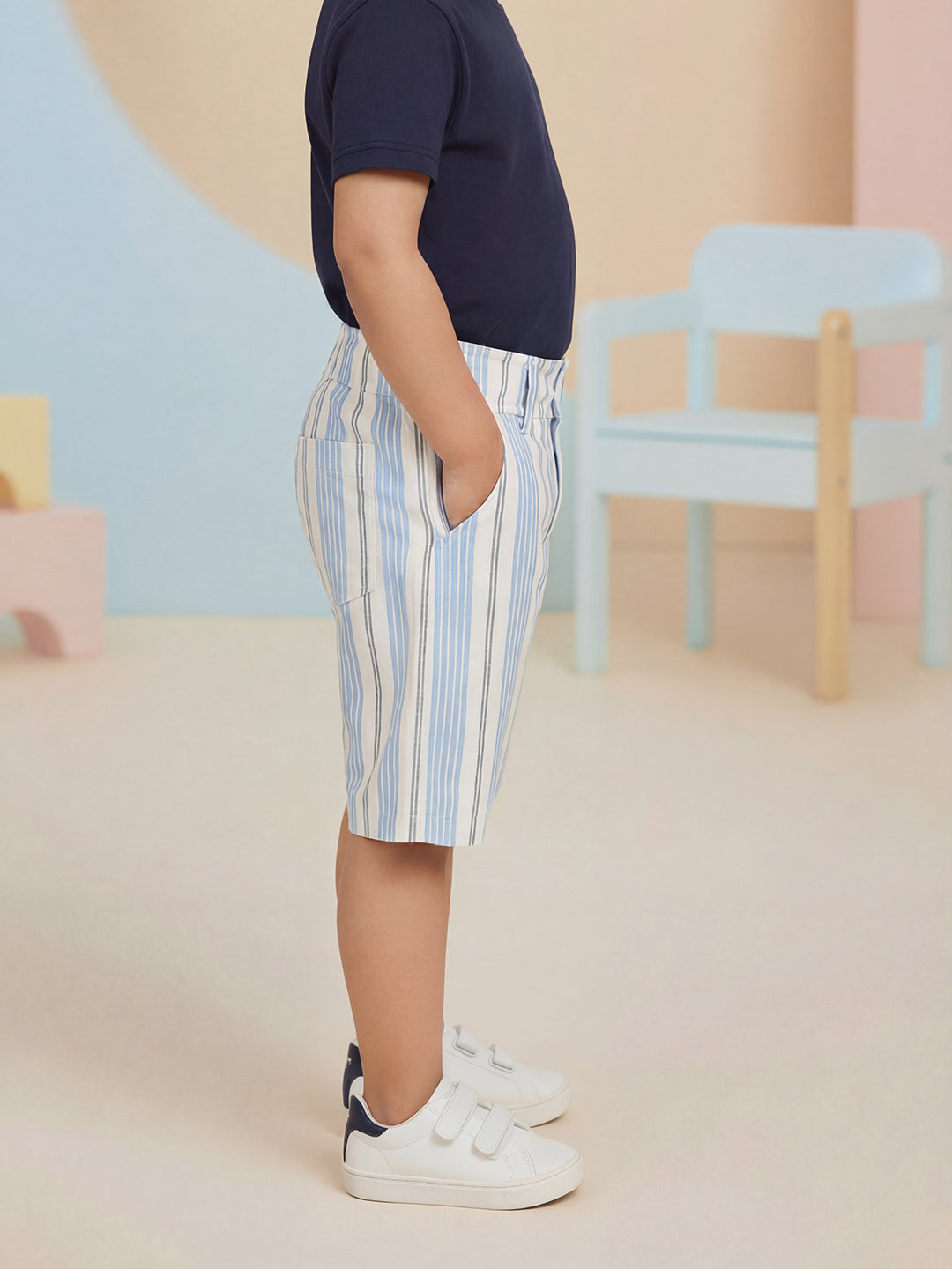 Off White and Blue Striped 100% Cotton Shorts