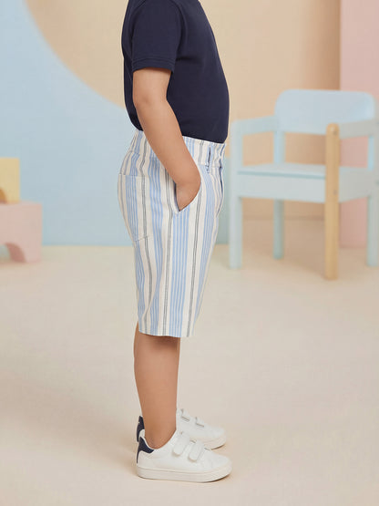 Off White and Blue Striped 100% Cotton Shorts