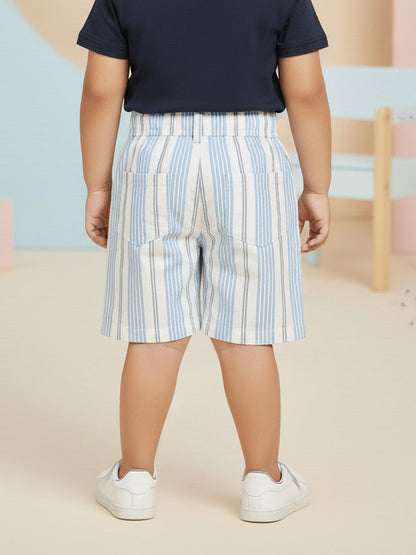 Off White and Blue Striped 100% Cotton Shorts