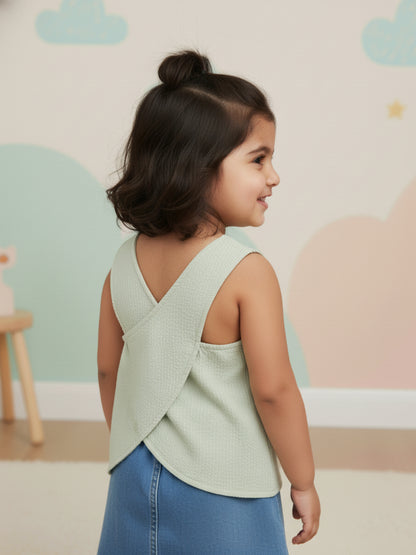 Pastel Green 100% Cotton Seer Sucker Cross Back Sleeveless Top