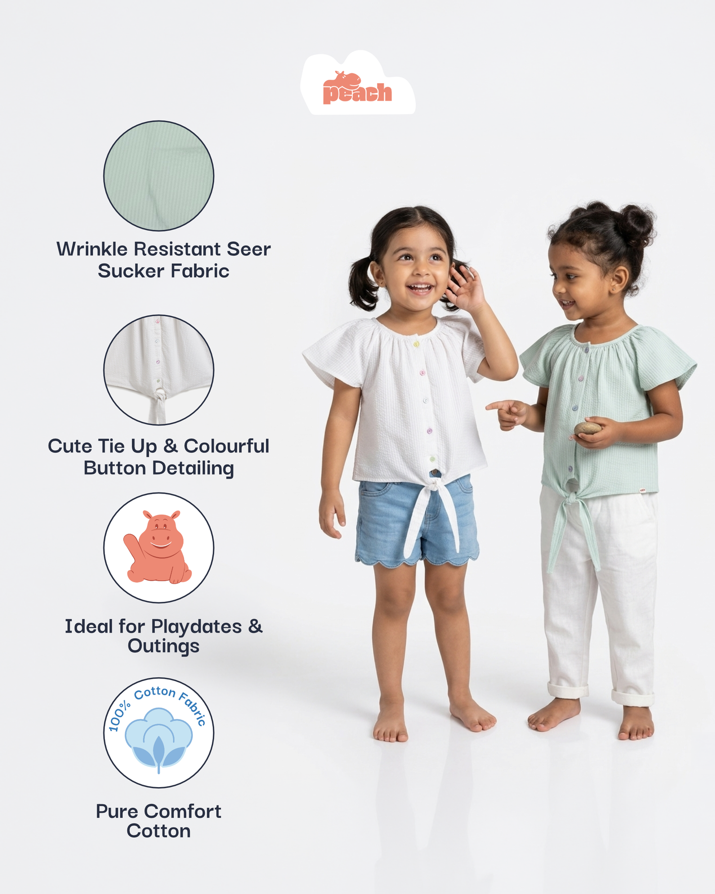 Seersucker Knot & Pop Tie-Up Top for Girls (White)