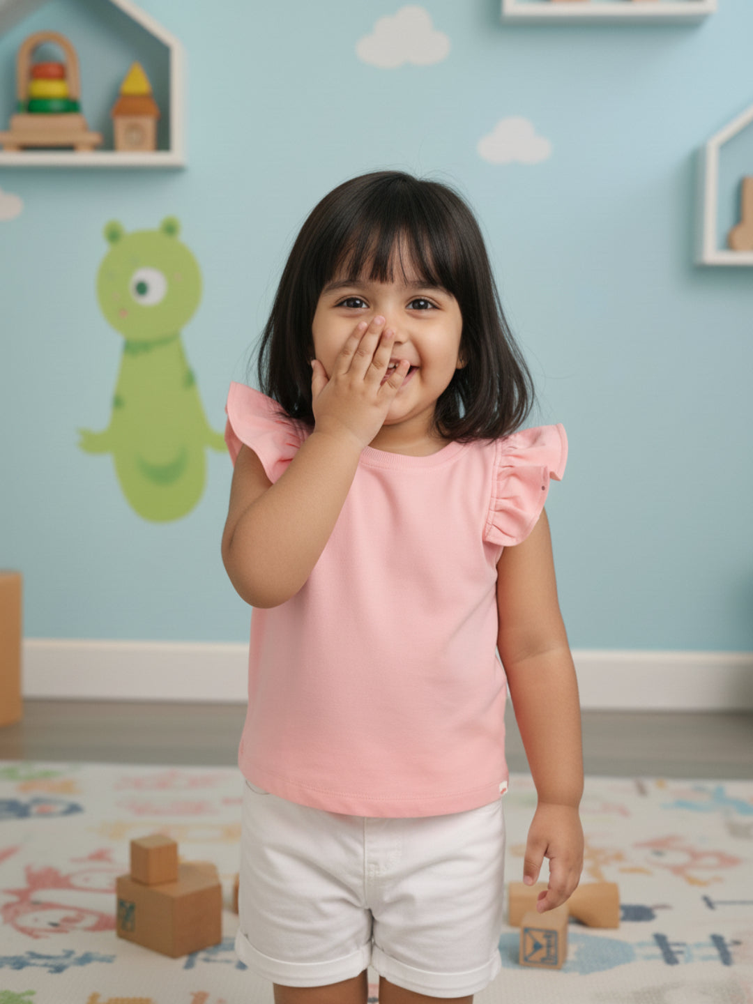 Pink Cotton Frill Sleeves Stretchable Top