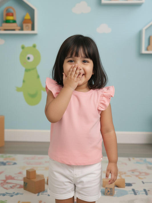 Pink Cotton Frill Sleeves Stretchable Top