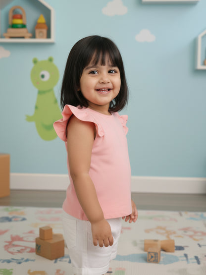 Pink Cotton Frill Sleeves Stretchable Top