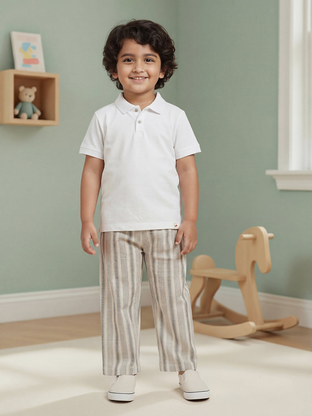 Olive Striped 100% Cotton Relaxed Fit Trousers