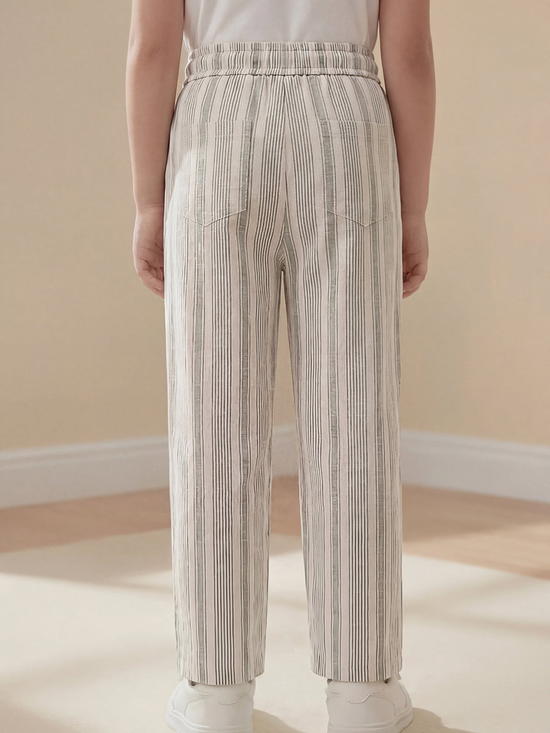 Olive Striped 100% Cotton Relaxed Fit Trousers