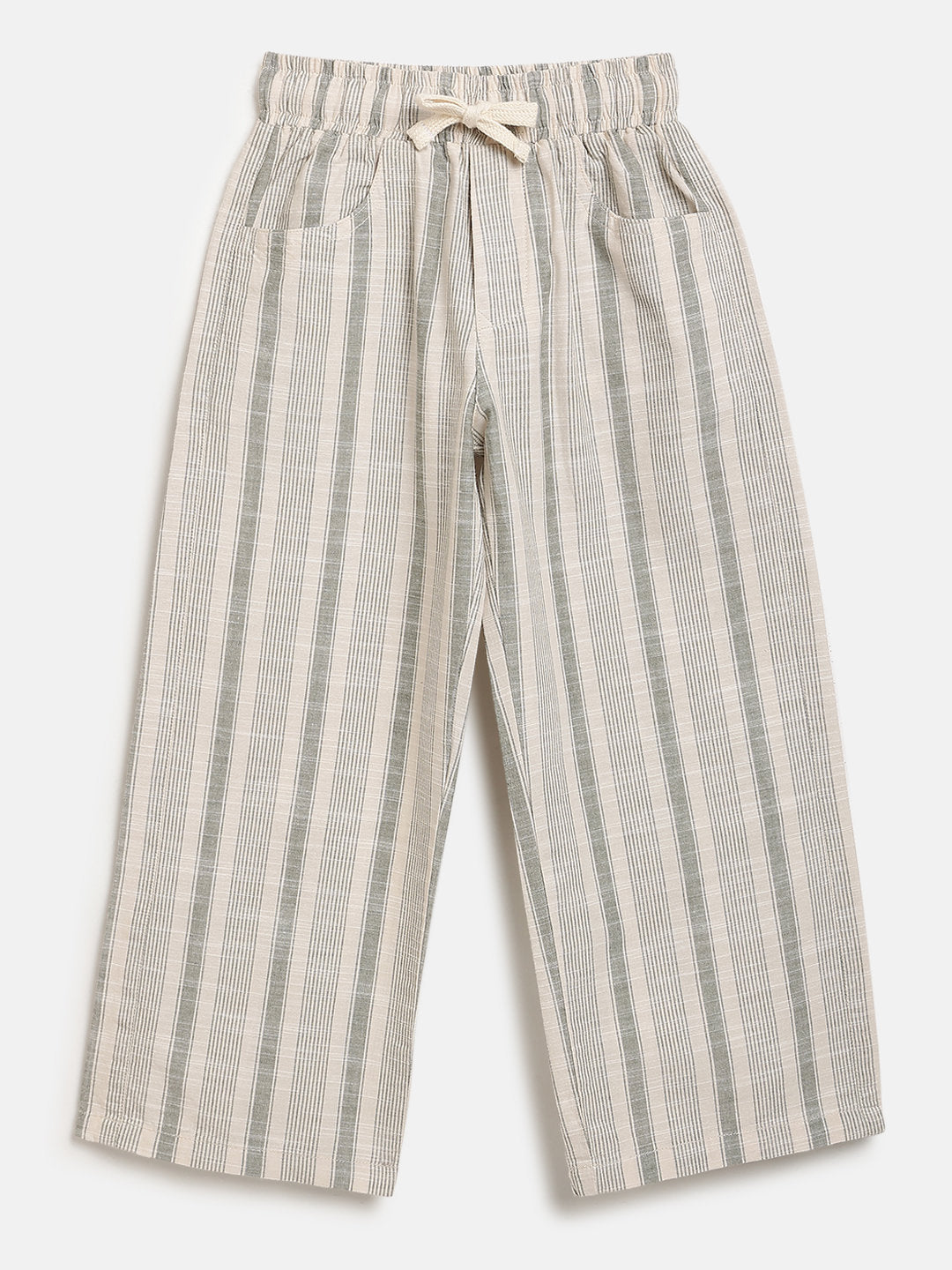 Olive Striped 100% Cotton Relaxed Fit Trousers