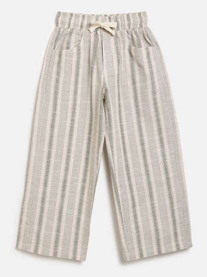 Olive Striped 100% Cotton Relaxed Fit Trousers