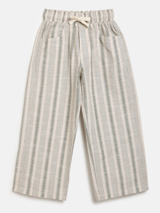 Olive Striped 100% Cotton Relaxed Fit Trousers