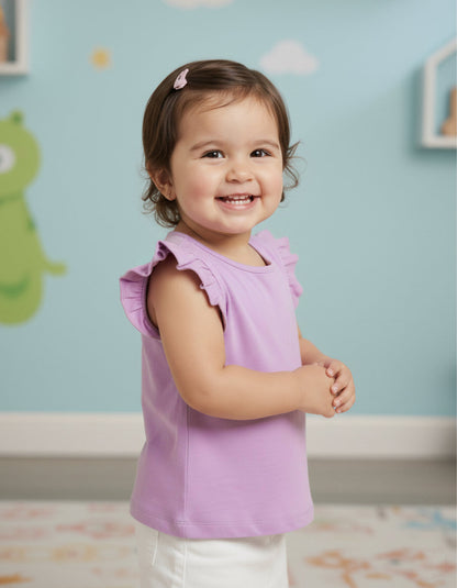 Lavender 100% Cotton Regular Fit Short Frill Sleeves T-shirt