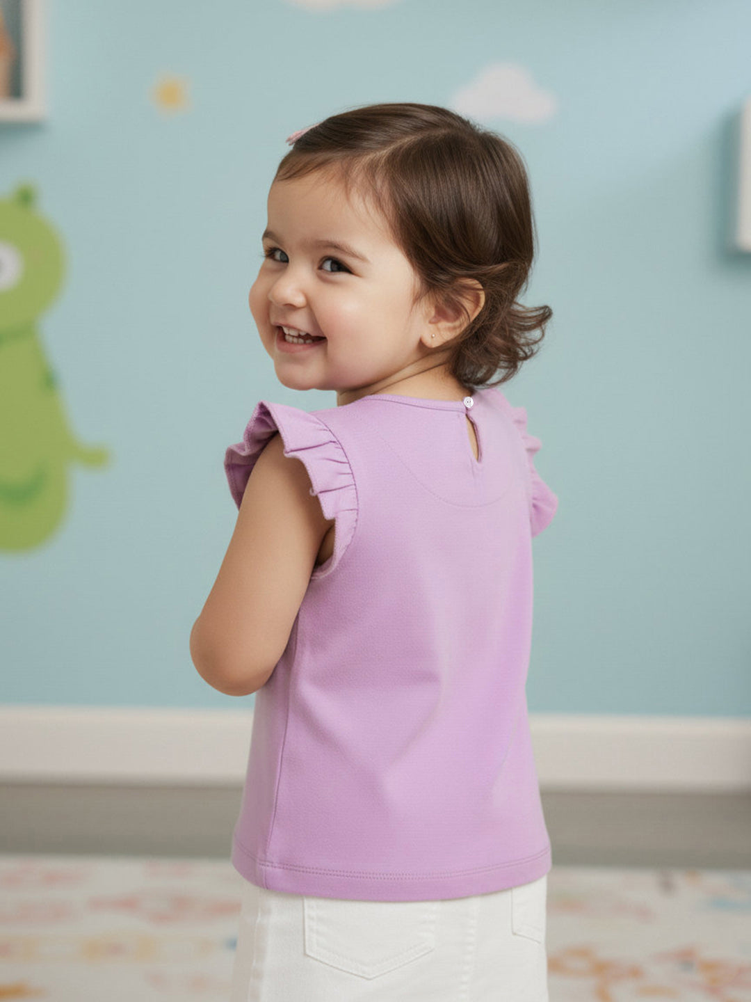 Lavender 100% Cotton Regular Fit Short Frill Sleeves T-shirt