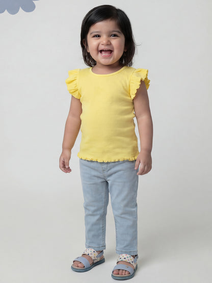 Lemon Yellow 100% Cotton Pointelle Regular Fit Short Frill Sleeves T-shirt