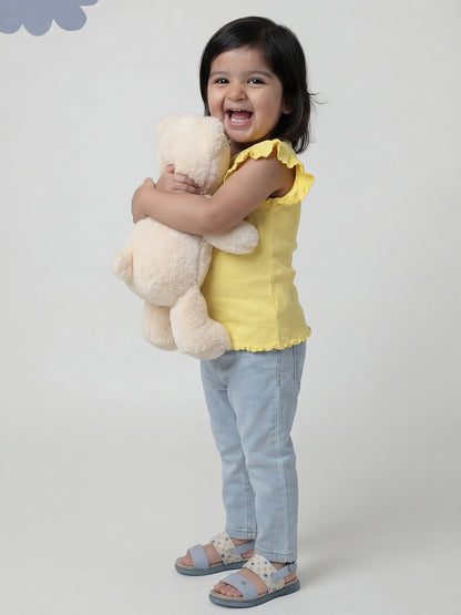 Lemon Yellow 100% Cotton Pointelle Regular Fit Short Frill Sleeves T-shirt