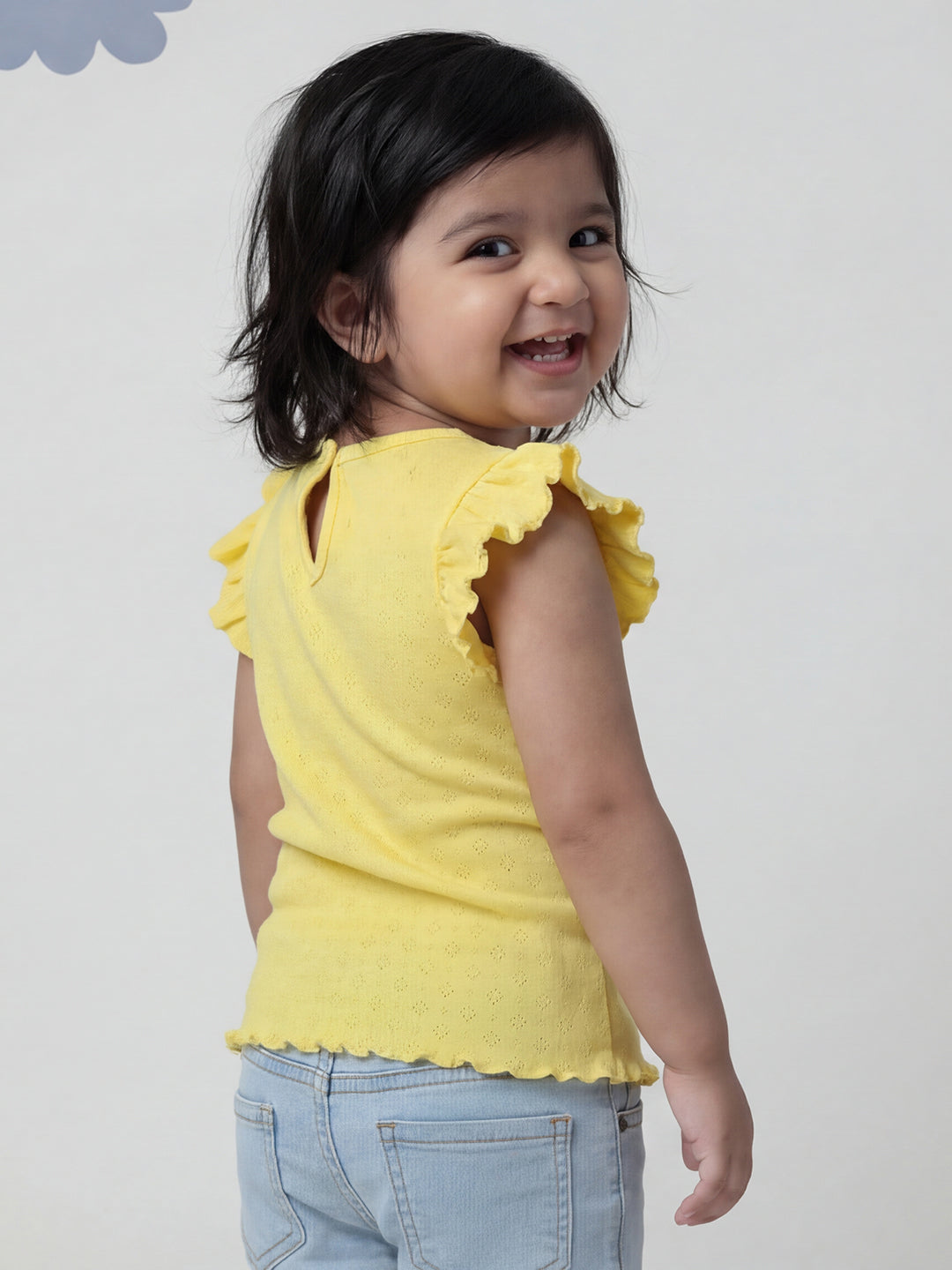 Lemon Yellow 100% Cotton Pointelle Regular Fit Short Frill Sleeves T-shirt