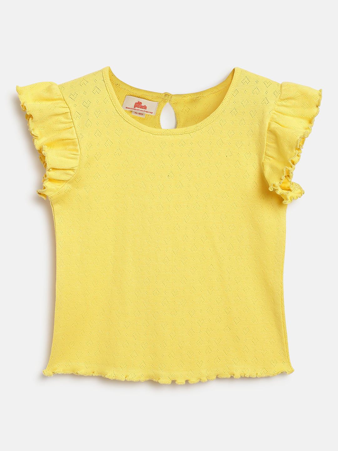 Lemon Yellow 100% Cotton Pointelle Regular Fit Short Frill Sleeves T-shirt