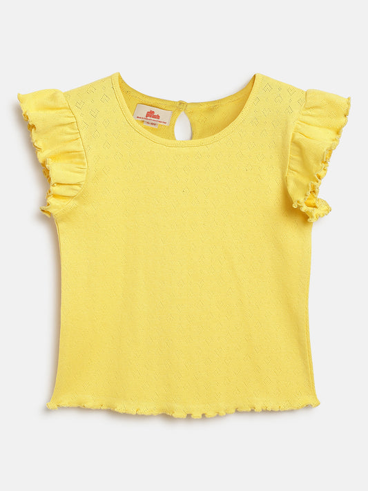 Lemon Yellow 100% Cotton Pointelle Regular Fit Short Frill Sleeves T-shirt