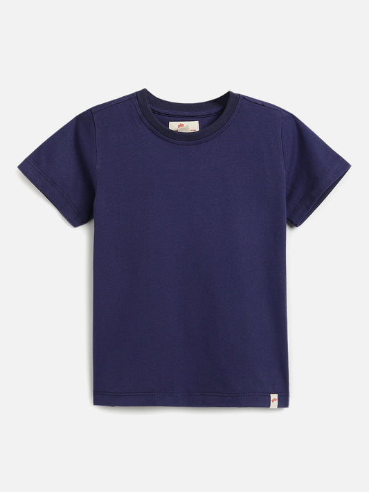 Navy 100% Cotton Regular Fit Solid Short Sleeves T-shirt for Boys
